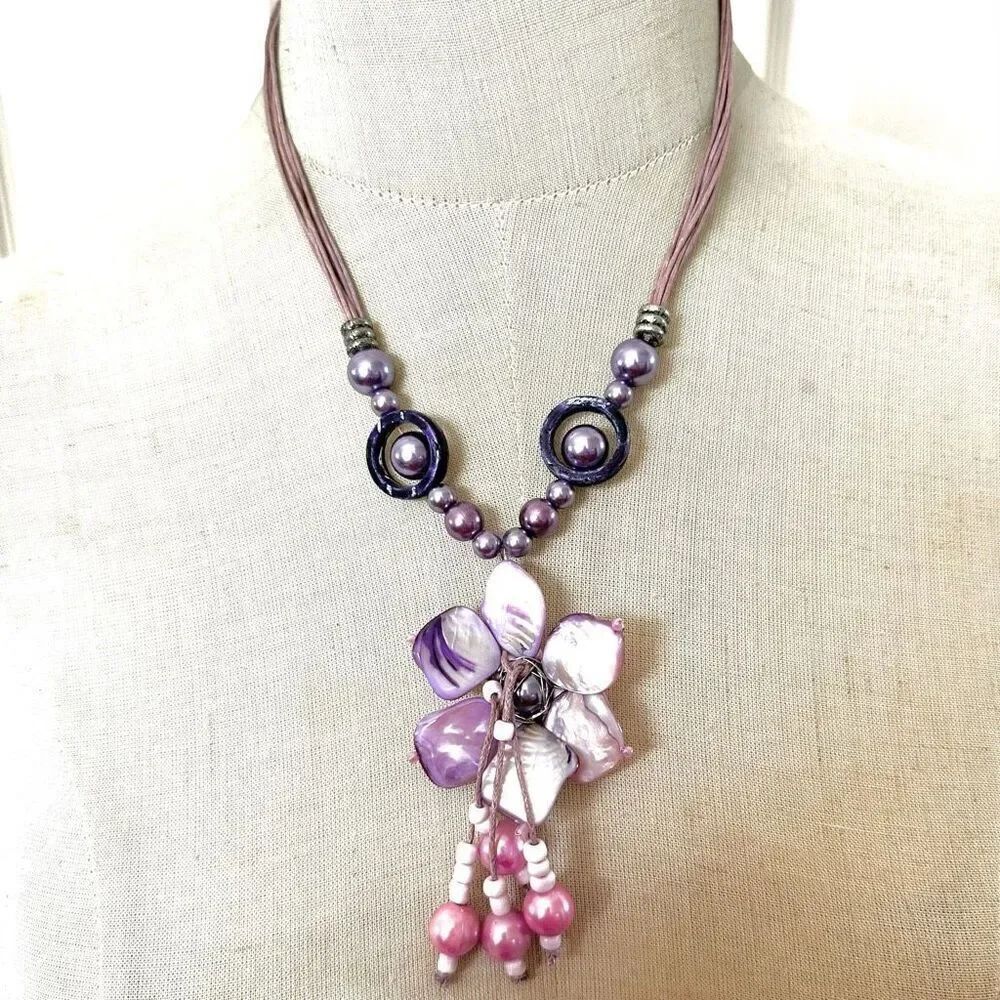 Purple abalone faux pearl flower pendant necklace on cord